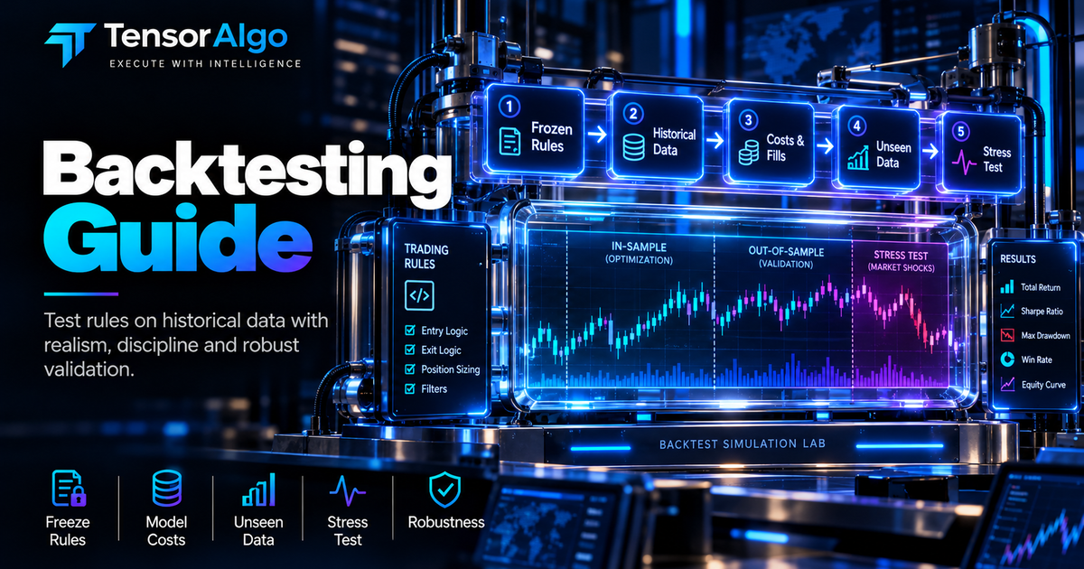 Backtesting illustration connecting historical market data, frozen strategy rules, realistic trading costs, unseen validation and robustness checks.