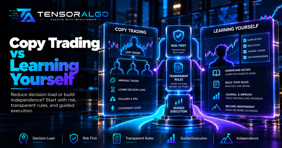 Split-path trading illustration contrasting copied trade alerts with a trader building an independent rule-based process