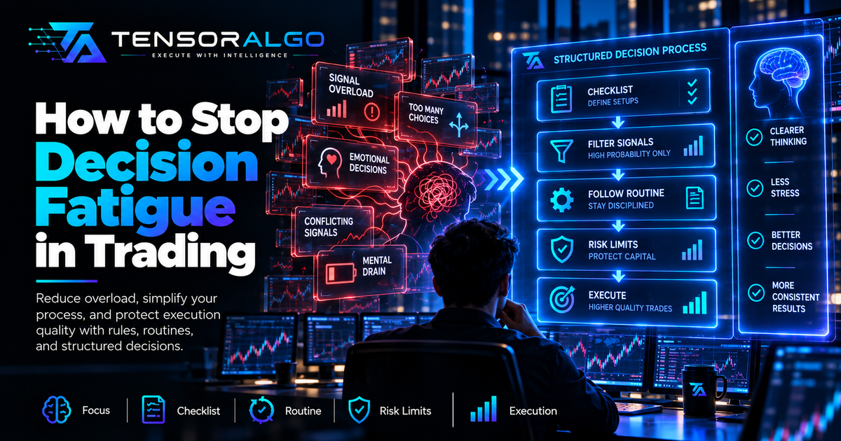 A dark, digital-themed illustration depicting decision fatigue in trading.