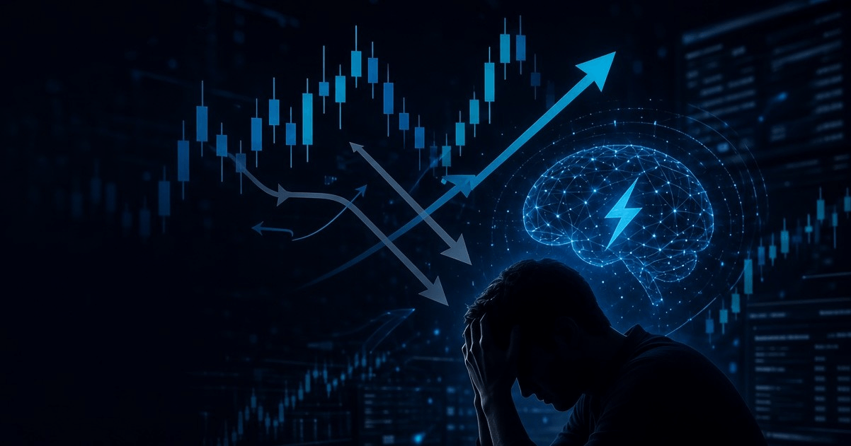 A dark, digital-themed illustration depicting decision fatigue in trading.