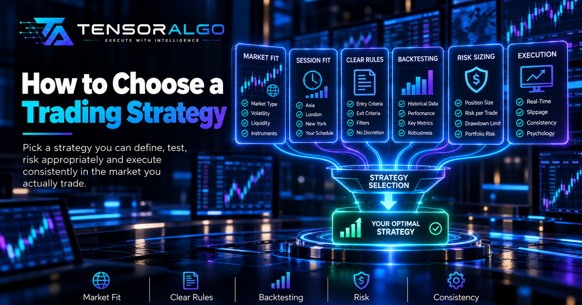 Trader evaluating strategy fit across market, risk, schedule, testability and execution requirements