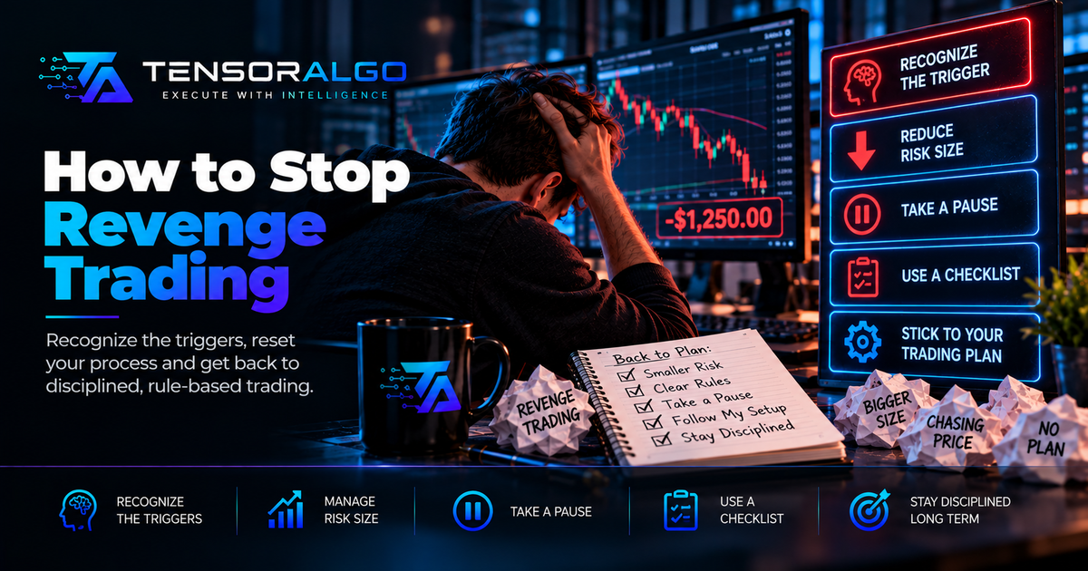 Trader pausing after a loss with risk limits, a setup checklist and disciplined execution controls