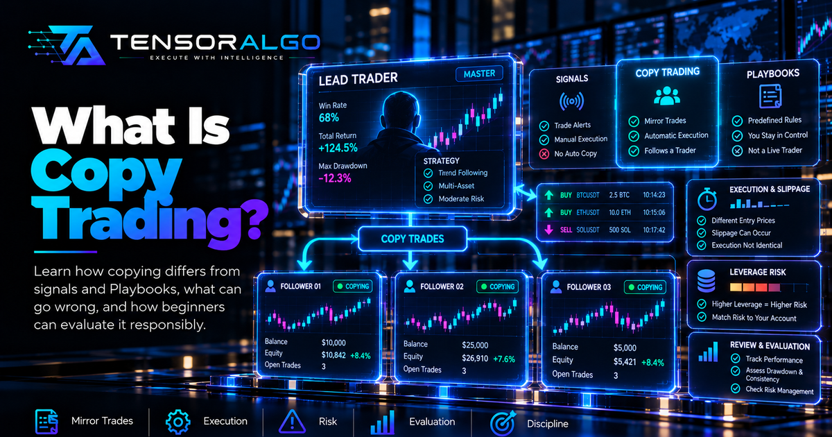 Copy-trading illustration showing one trading decision stream branching into multiple follower paths with subtle differences in timing, execution and risk.