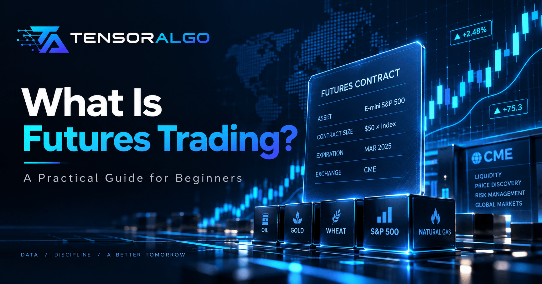 Futures trading illustration representing contract mechanics, market structure, margin, tick values, leverage and expiration.