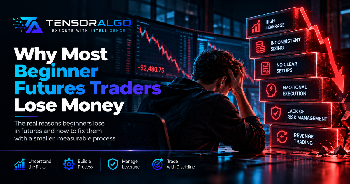 Beginner futures trader reviewing leverage, position sizing, stop placement and rule-based risk controls after a losing trade
