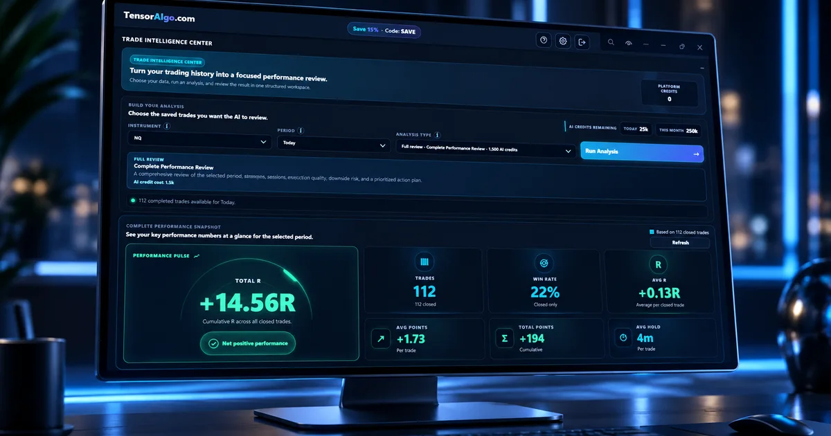 Futuristic TensorAlgo trading dashboard with market charts, Playbooks, alerts, and trade workflow panels.