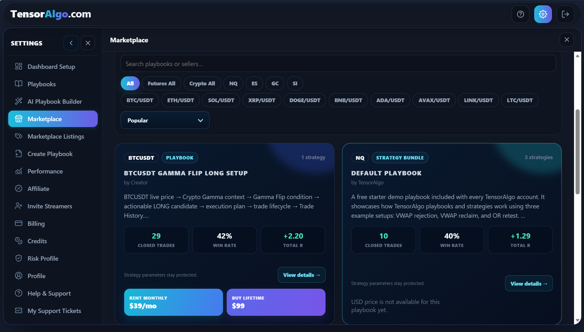 TensorAlgo Marketplace with published Playbooks available to browse