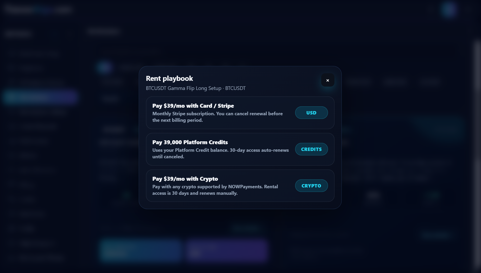 Marketplace rental checkout with the available payment choices