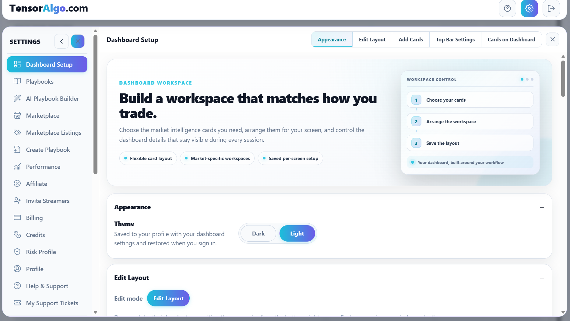 Dashboard Setup with workspace controls and appearance settings