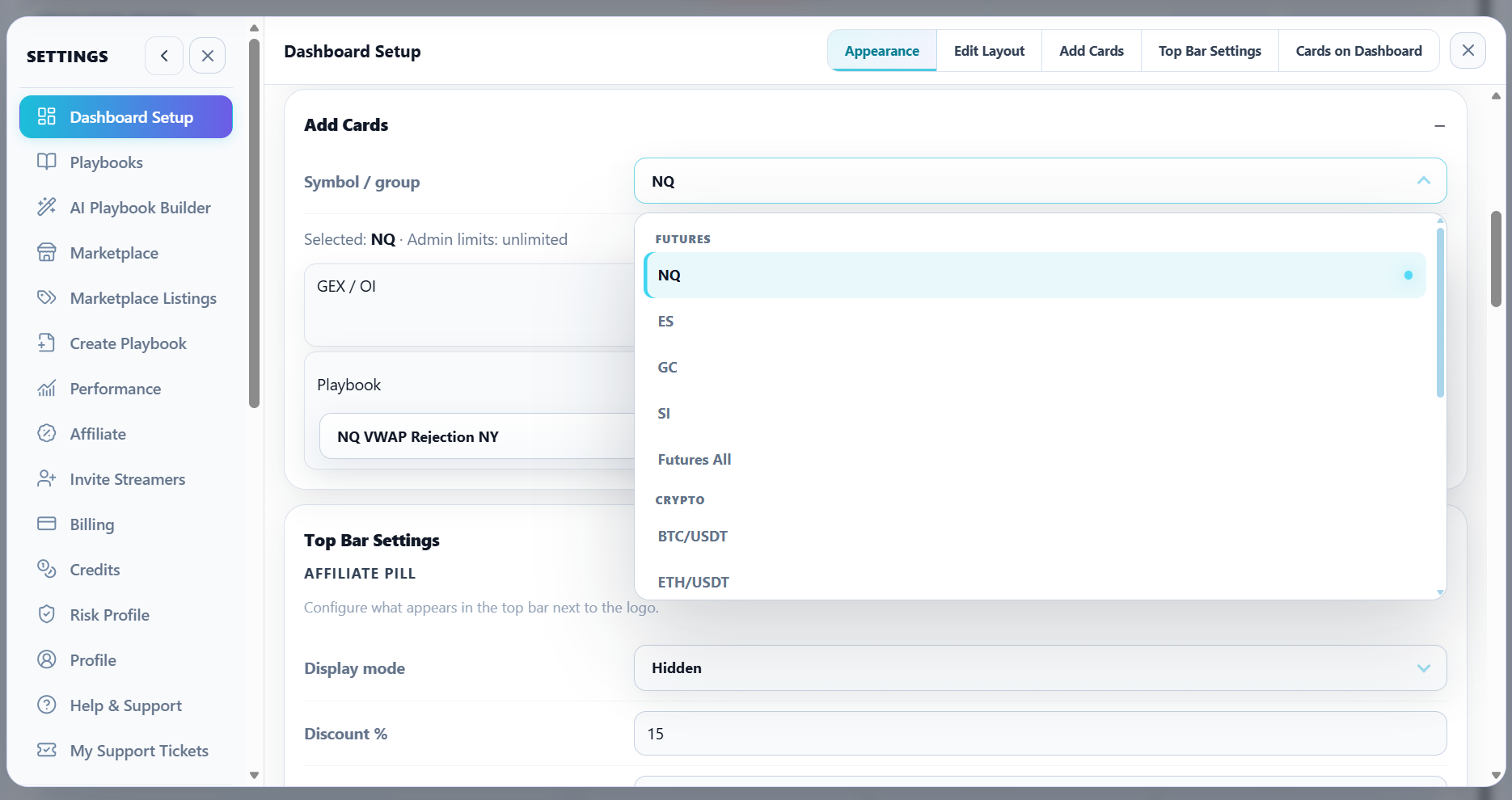 Add Cards symbol/group selector with supported futures and crypto markets