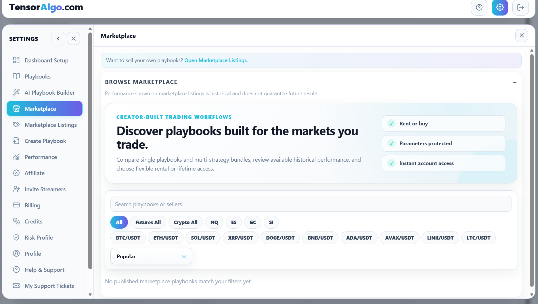 TensorAlgo Marketplace with search, futures and crypto filters, and creator-built Playbook discovery
