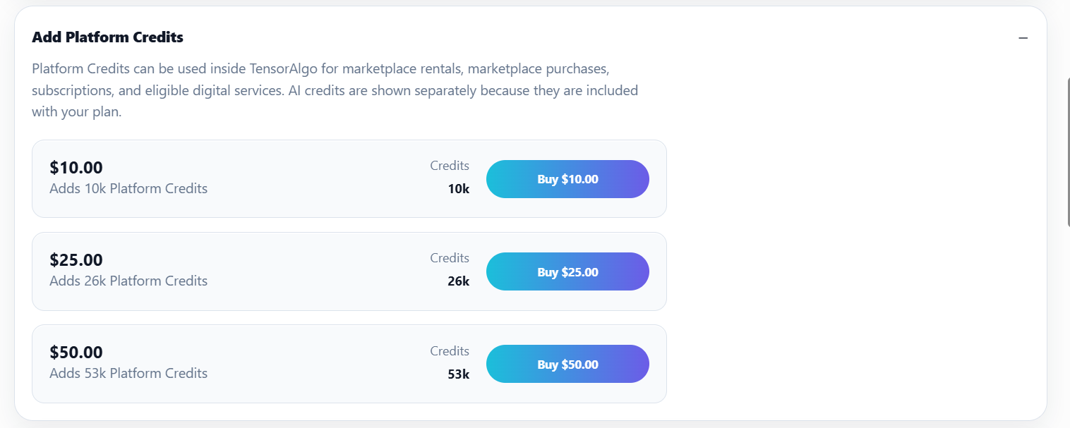Platform Credit packs available from the Credits area