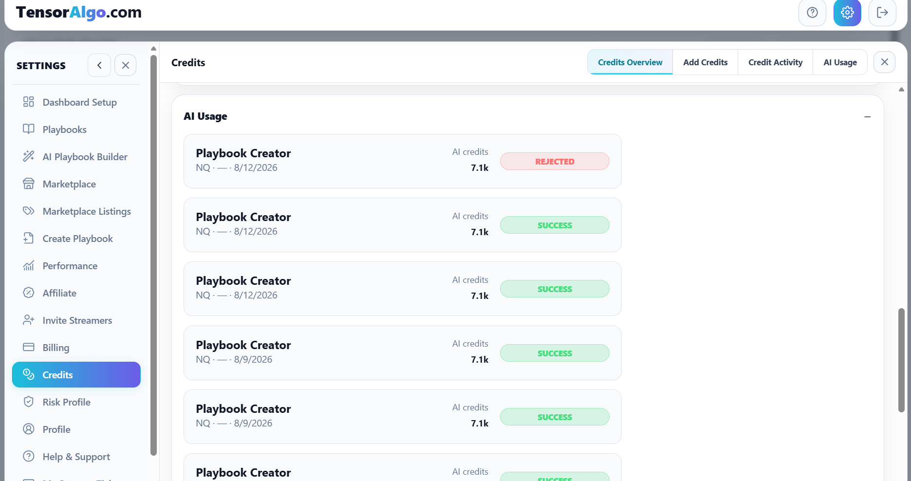 AI Usage history showing AI action, charged credits, and result status
