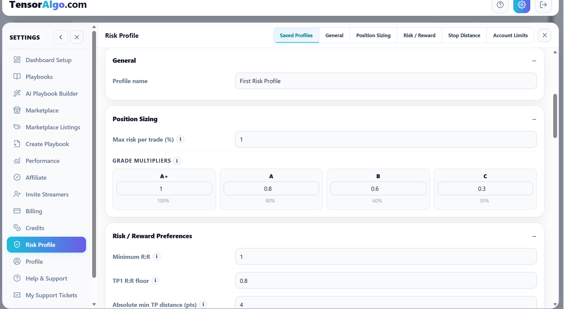 Risk Profile position sizing, grade multipliers, and risk/reward preferences