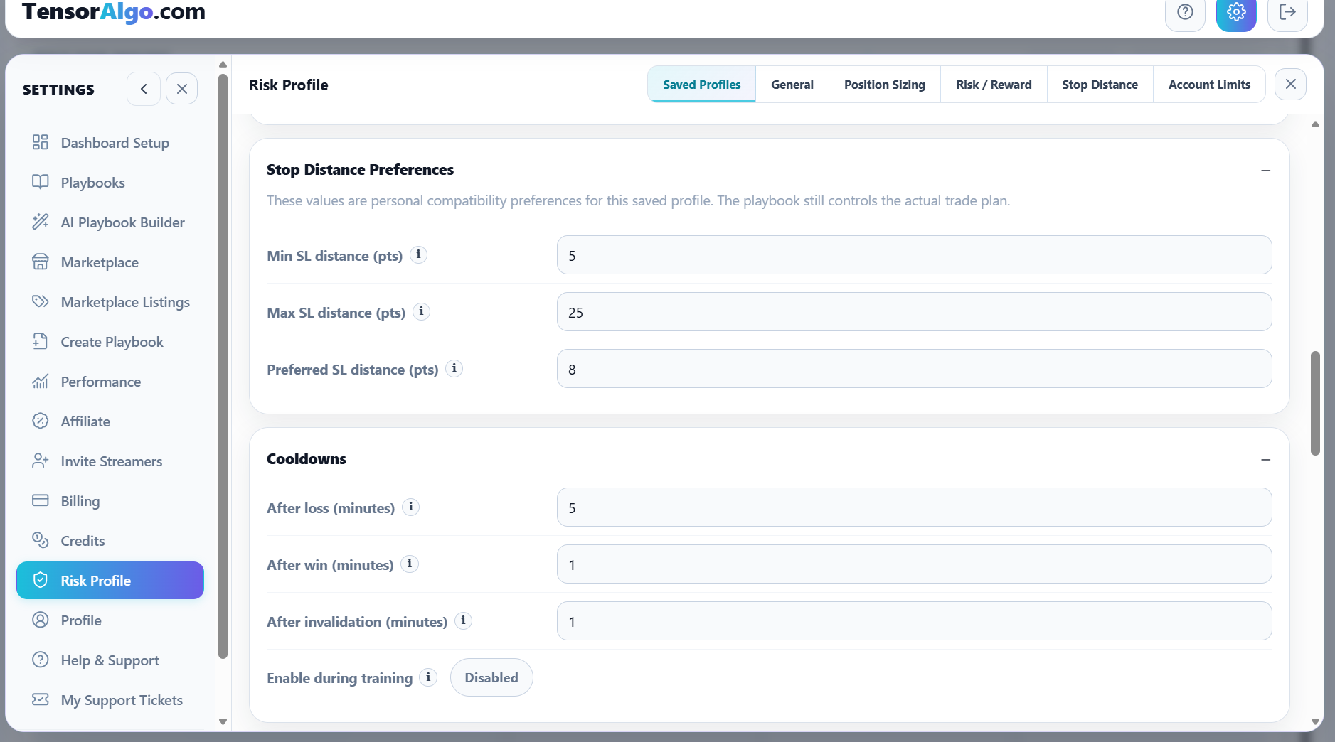 Risk Profile stop-distance preferences and cooldown settings