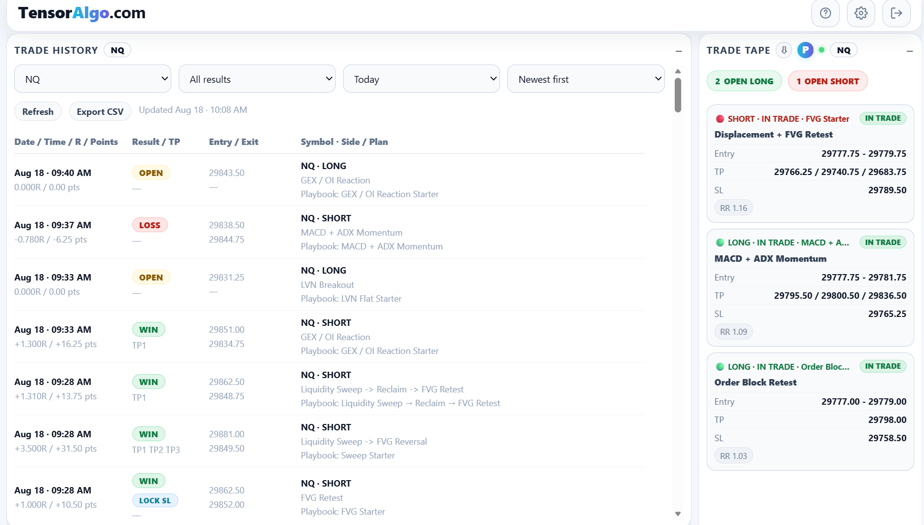 Trade History beside Trade Tape with current Playbook plans and lifecycle information