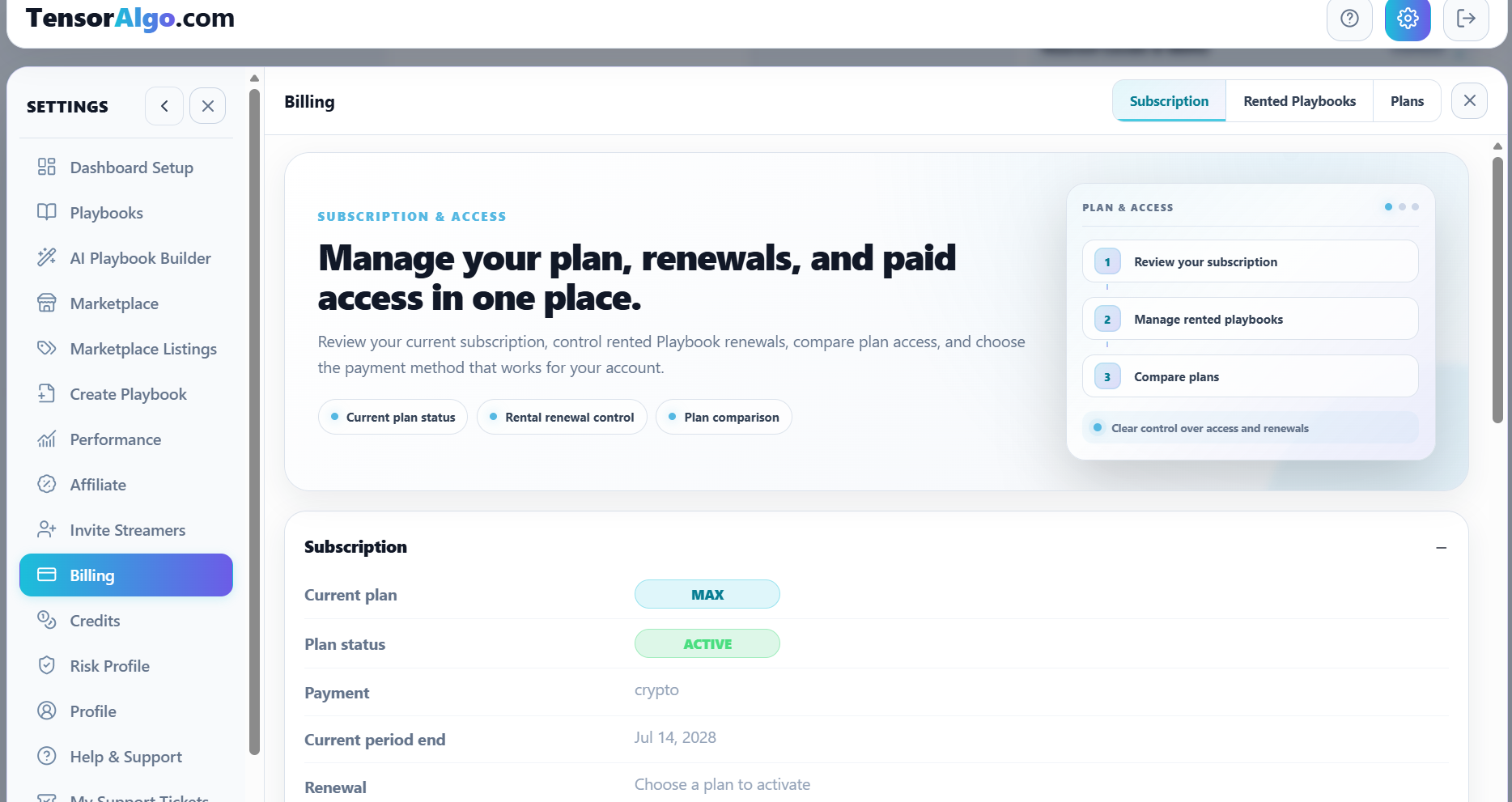 Billing subscription overview with current plan, renewal state, payment method, and plan actions