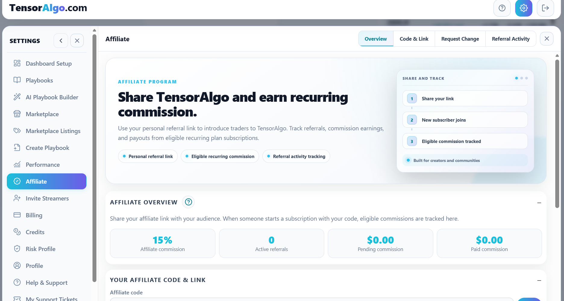 Affiliate overview with referral code, referral link, referral activity, and commission summary