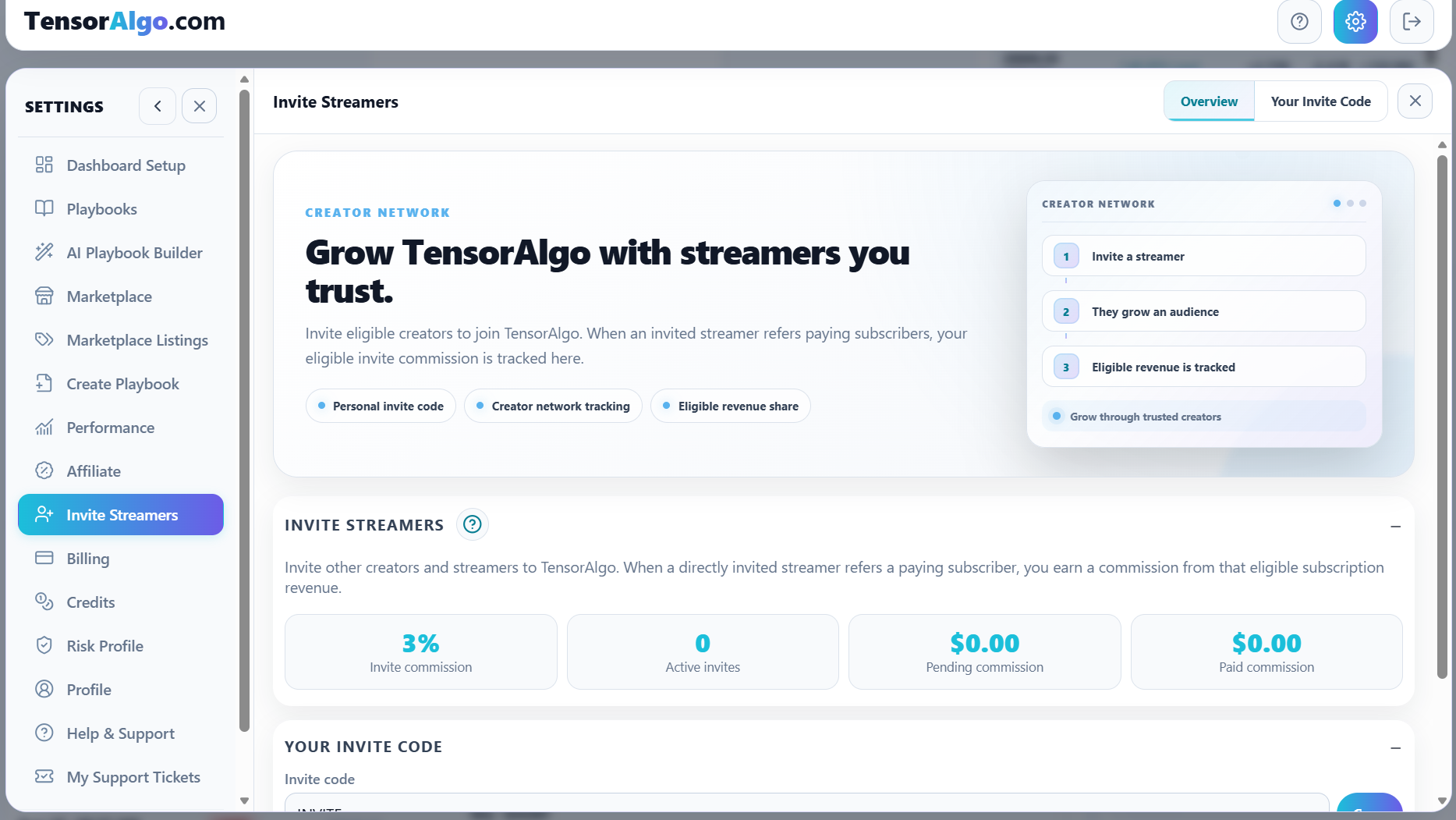 Invite Streamers overview with invite code, streamer activity, rewards, and commission context