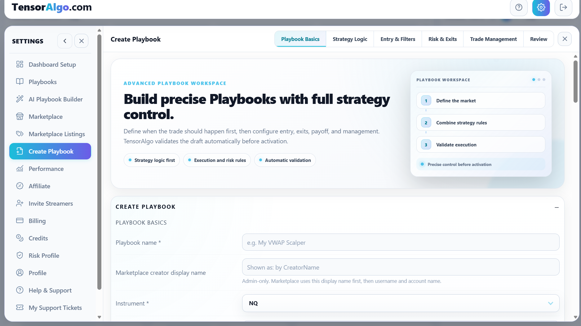 Manual Playbook workspace for defining the market, strategy structure, execution, risk, and management