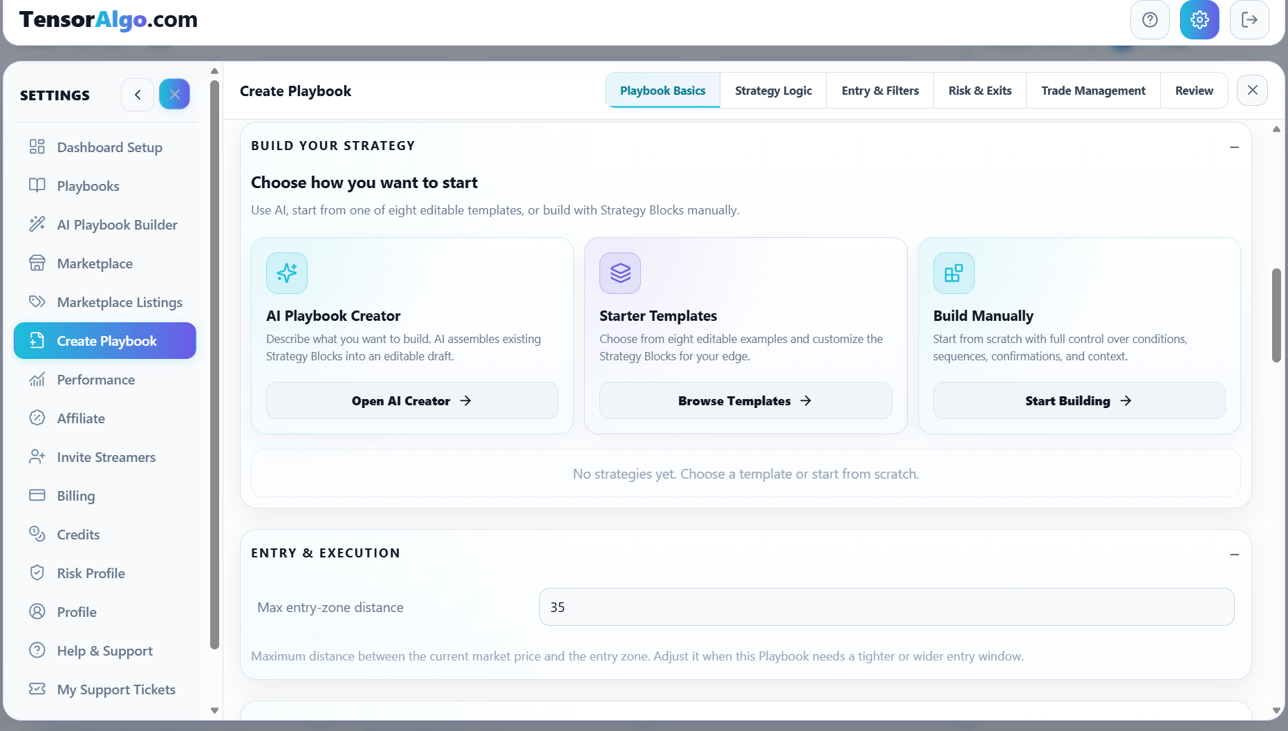 Choose AI Playbook Builder, an editable starter template, or a manual build