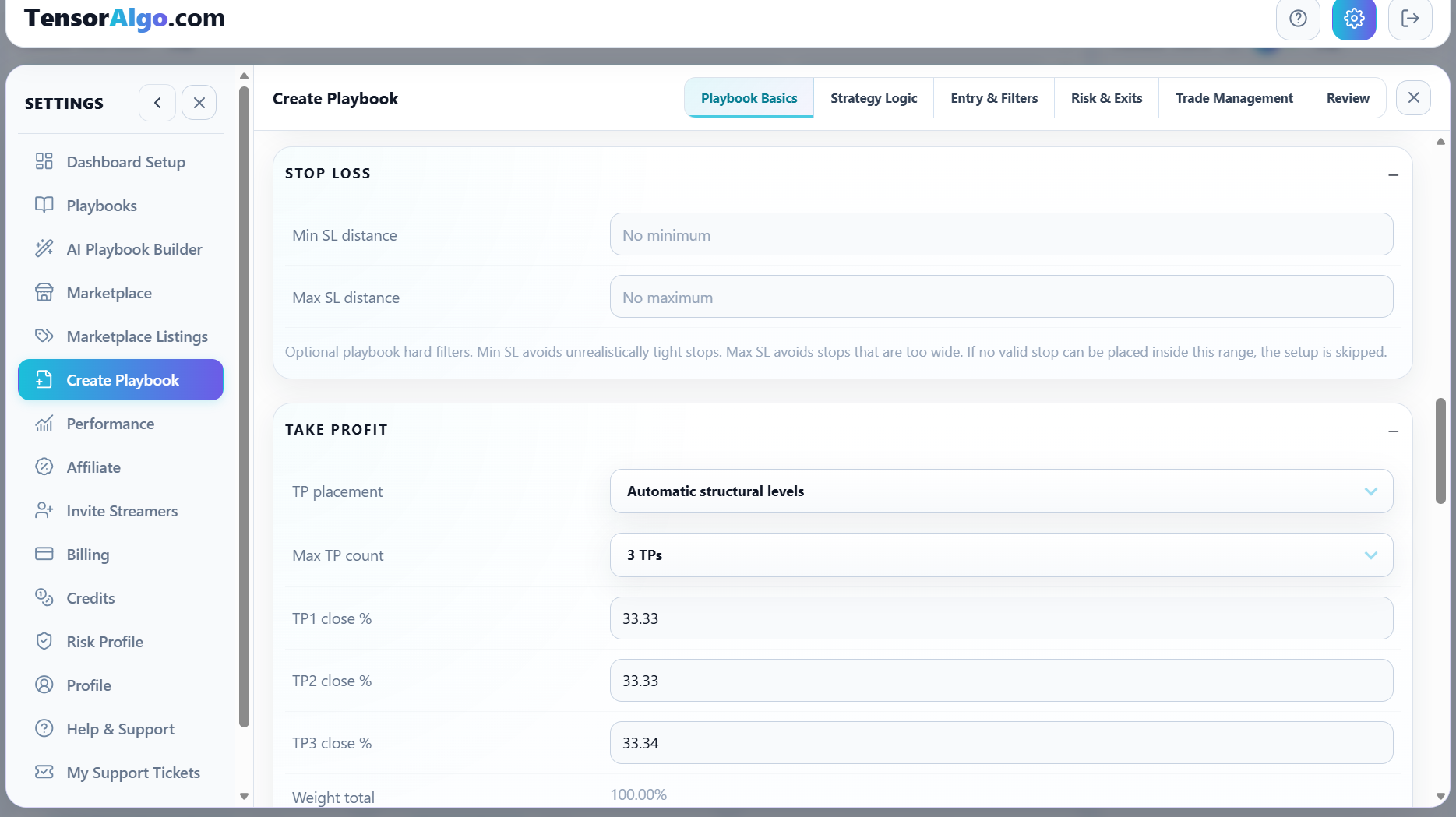 Risk, target, and Playbook trade-plan controls in the manual builder