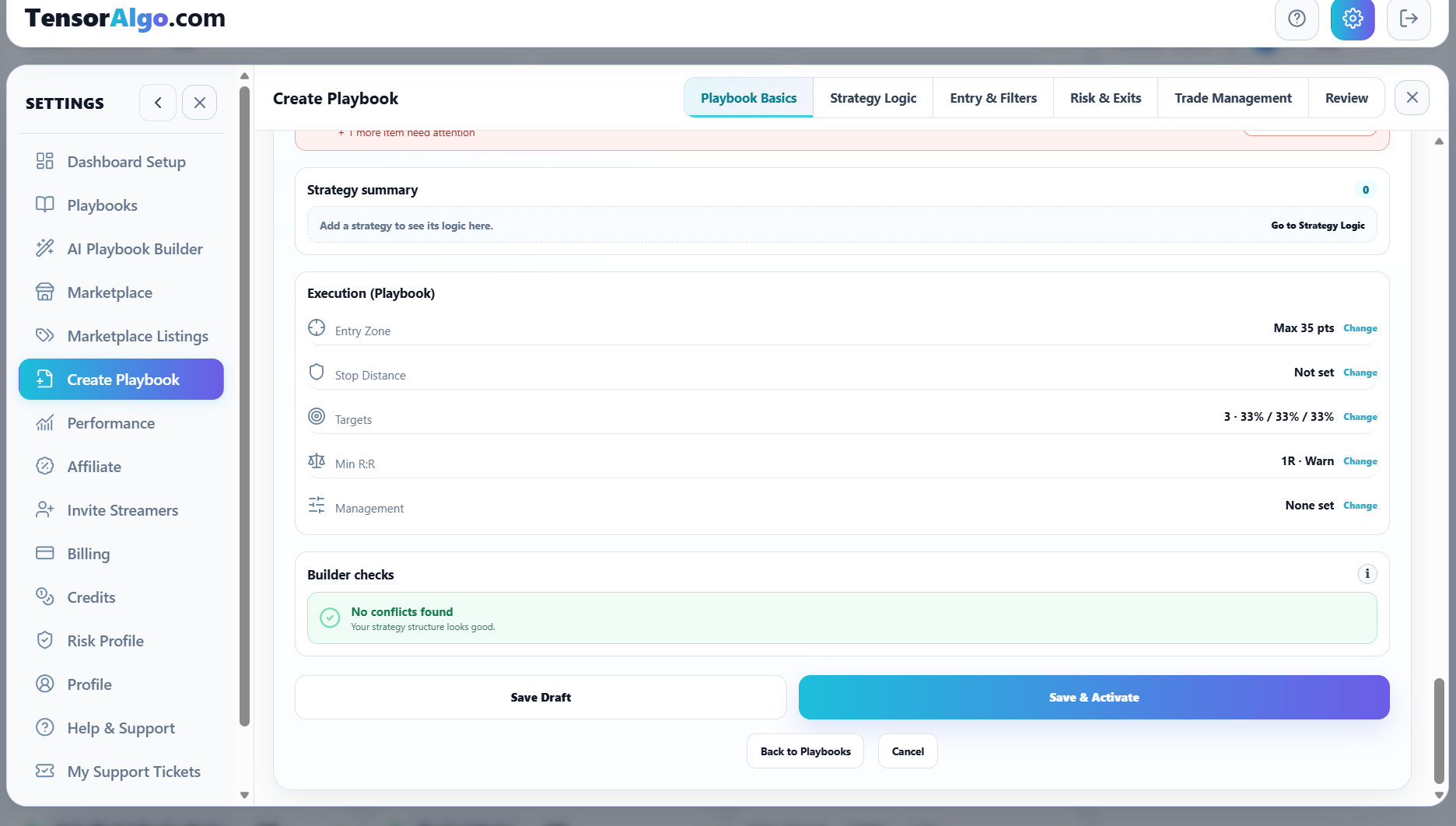 Builder checks and Save Draft / Save & Activate actions