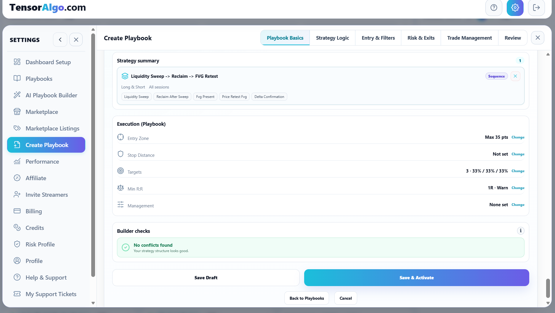 Completed Playbook review with strategy summary and Save & Activate
