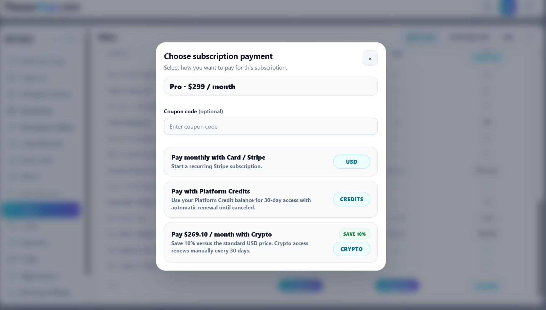 Subscription payment choices showing the available payment paths