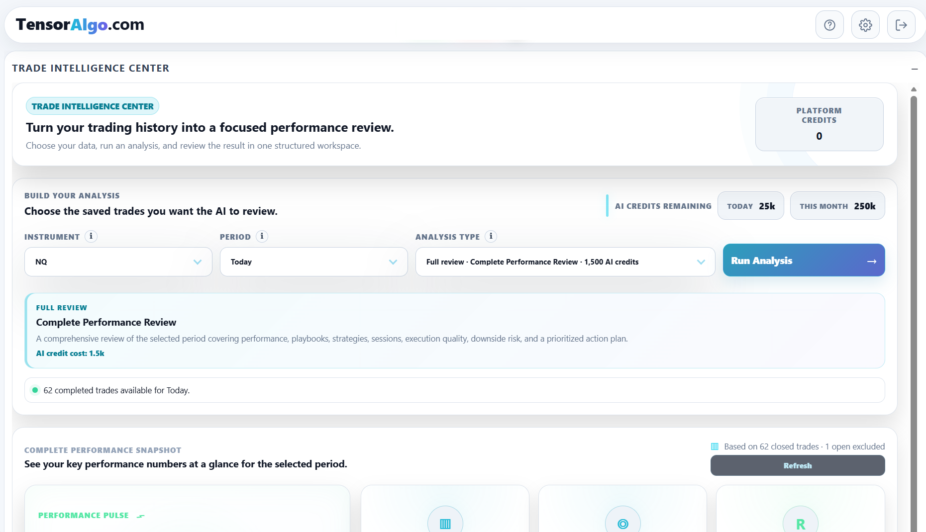Trade Intelligence Center workspace with deterministic performance context and optional analysis controls