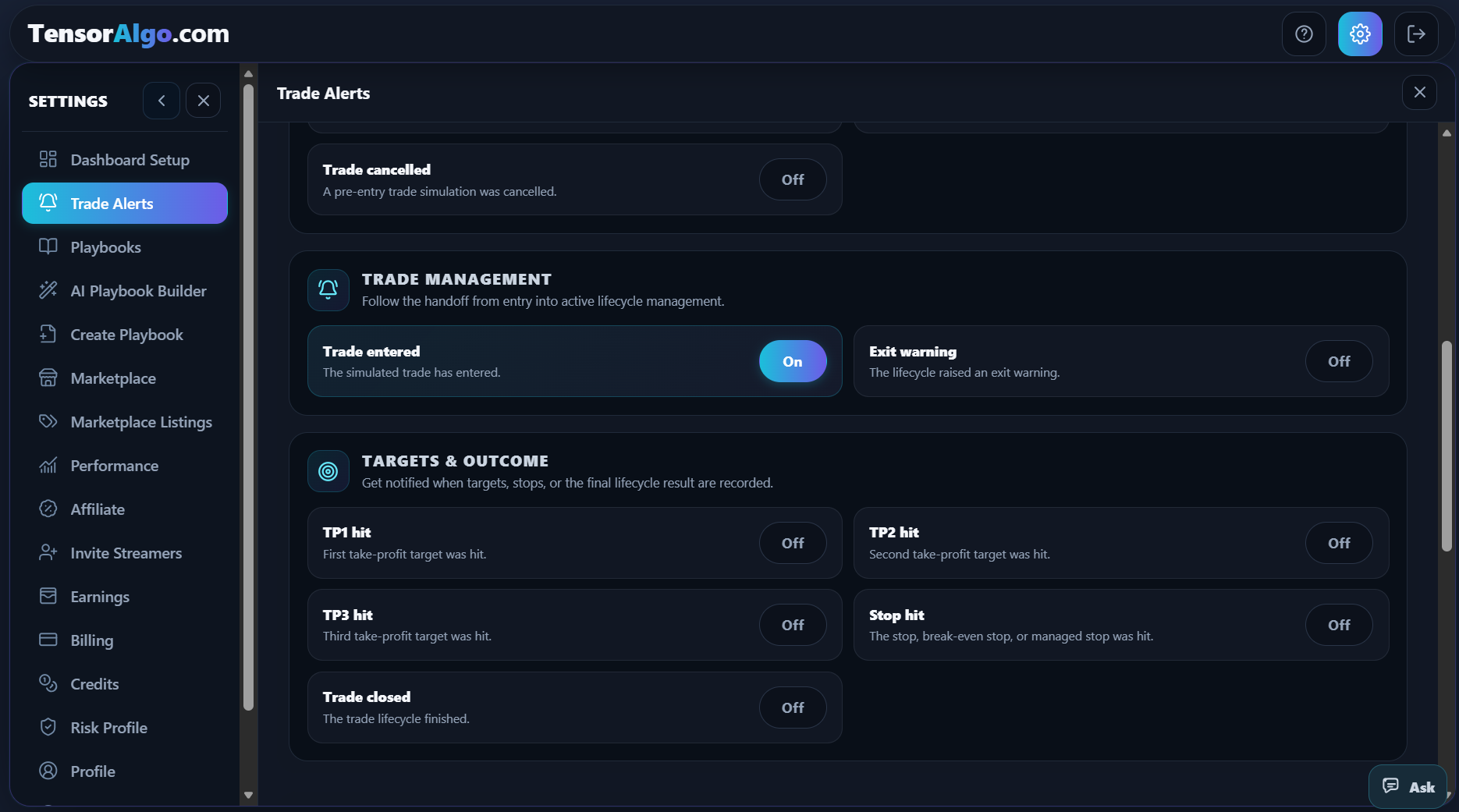 Trade management and Targets & outcome Trade Alert preferences