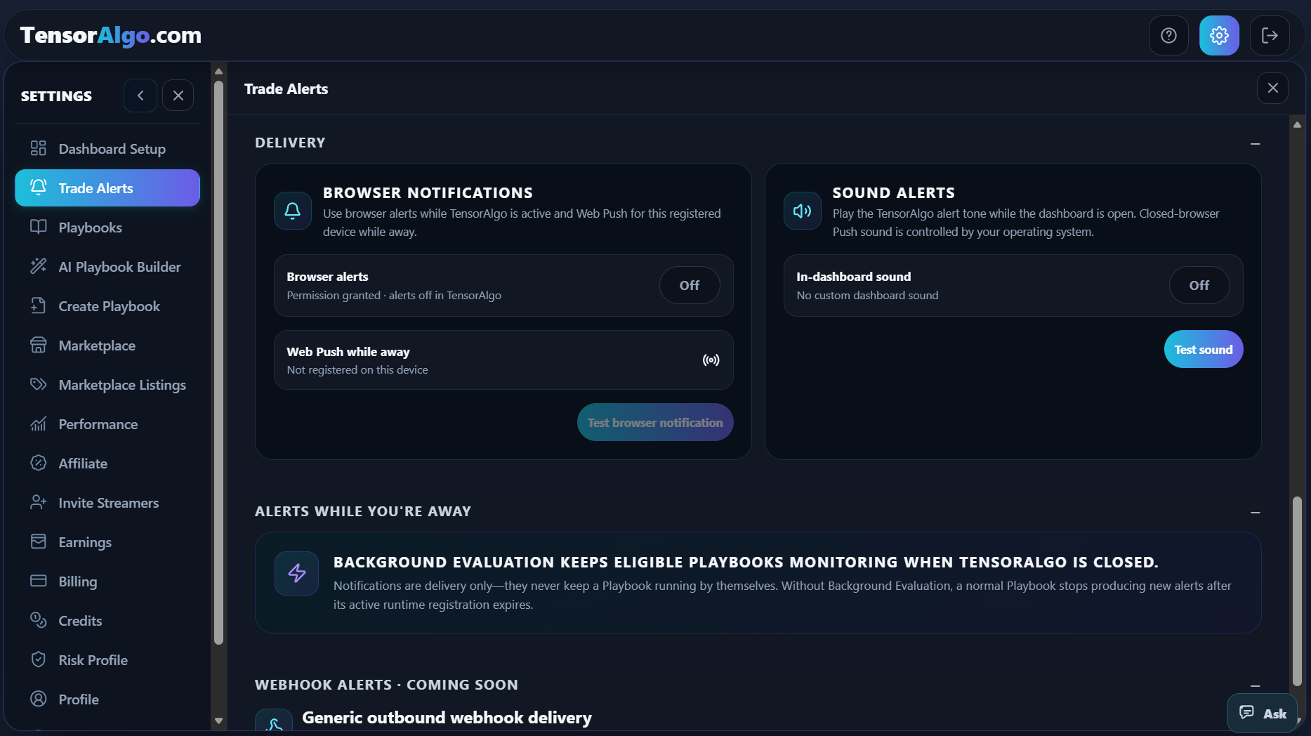 Trade Alert browser notifications, sound alerts, and Alerts while you're away sections
