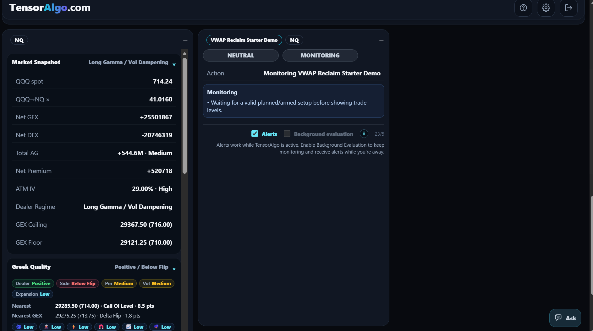 Dashboard Playbook card with Alerts enabled and Background evaluation disabled